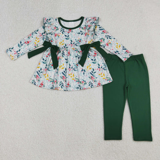 GLP2476-XS-3XL Flower Leaf Green Ruffle Bows Long Sleeve Pants Girls Sets 202510 RTS