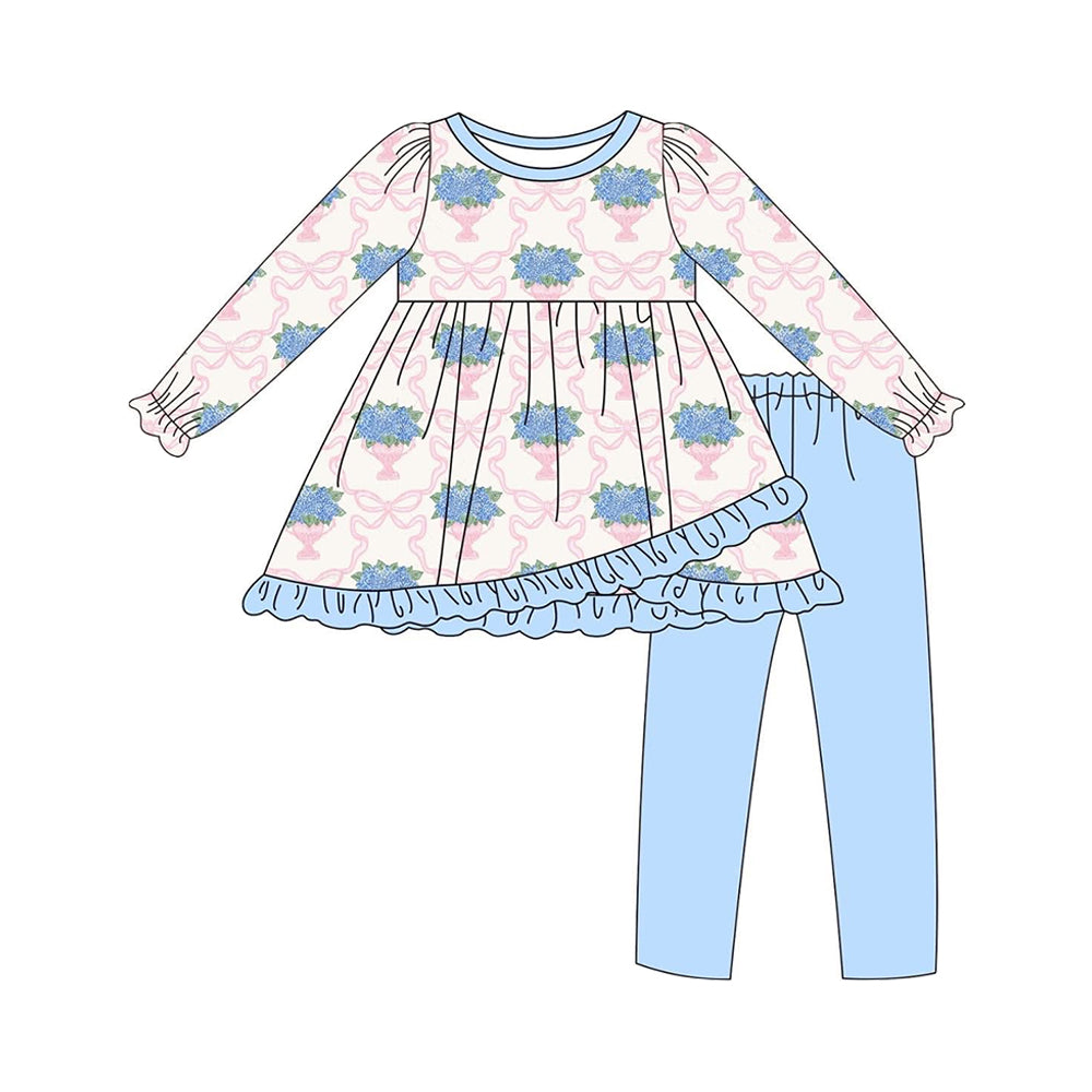 Preorder GLP2477 Flower Bouquet Pink Bow Pattern Blue Ruffle Long Sleeve Pants Sets Girls Boutique Outfit 202506