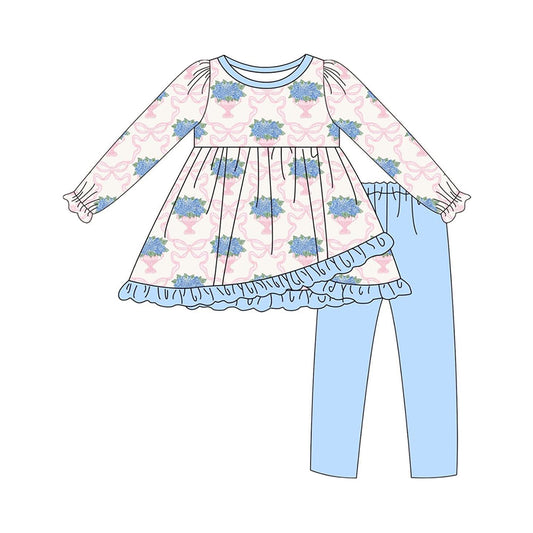 Preorder GLP2477 Flower Bouquet Pink Bow Pattern Blue Ruffle Long Sleeve Pants Sets Girls Boutique Outfit 202506