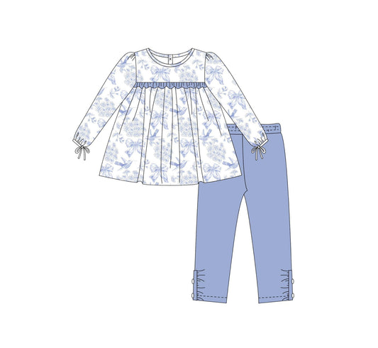 Preorder GLP2478 Flower Bow Pattern Haze Blue Long Sleeve Pants Sets Girls Boutique Outfit 202506