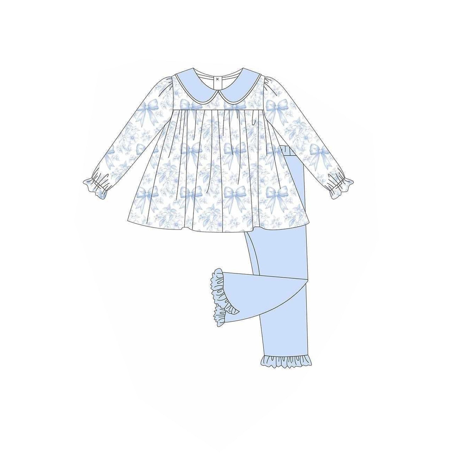 Preorder GLP2479 Flower Bow Pattern Blue Doll Collar Long Sleeve Pants Sets Girls Boutique Outfit 202506