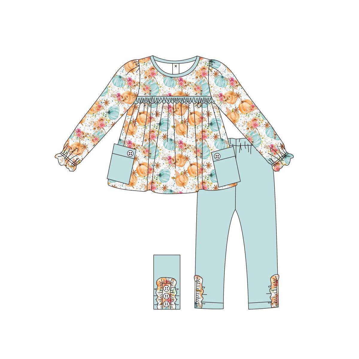 Preorder GLP2482 Flower Pumpkin Blue Green Pocket Long Sleeve Pants Sets Girls Boutique Outfit 202506