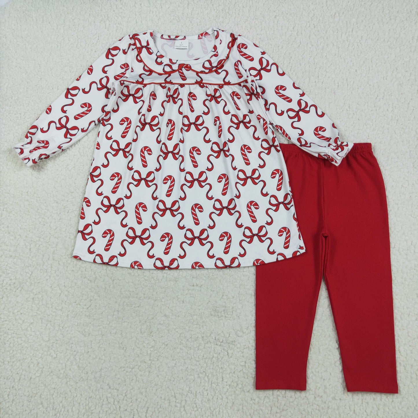 GLP2484 Christmas Cane Red Bow Doll Collar Long Sleeve Pants Sets Girls Boutique Outfit 202507 RTS