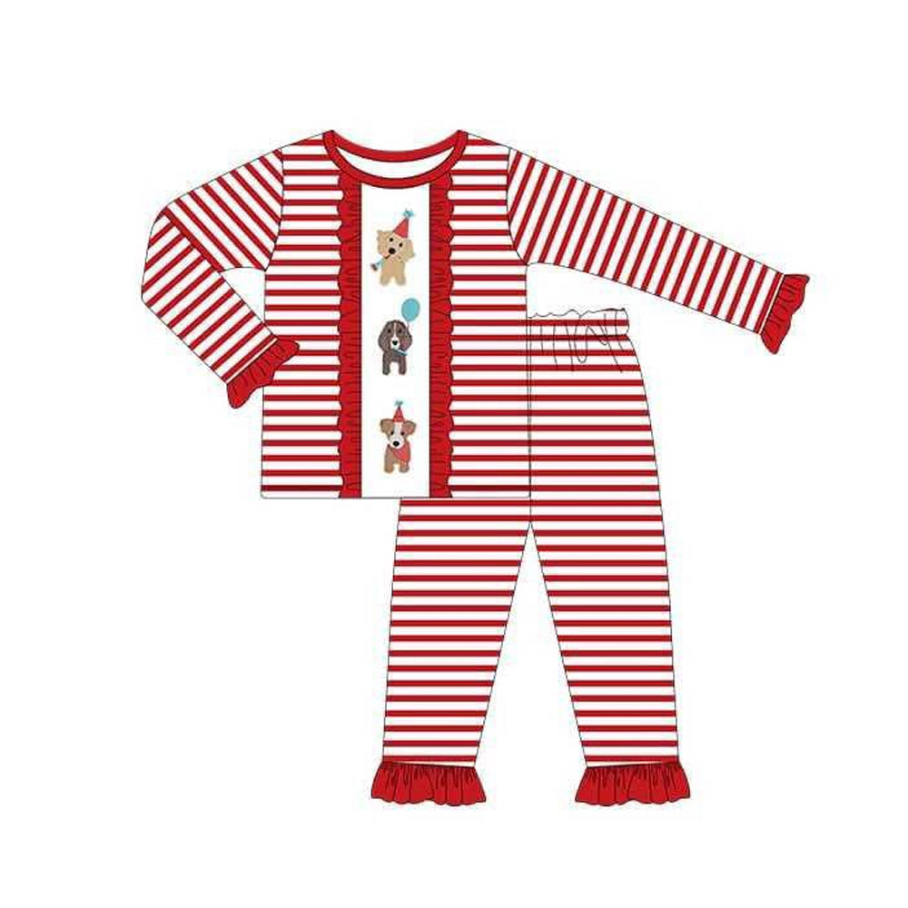 Preorder GLP2486 Happy Birthday Puppy Red Stripe Ruffle Long Sleeve Pants Sets Girls Boutique Outfit 202506