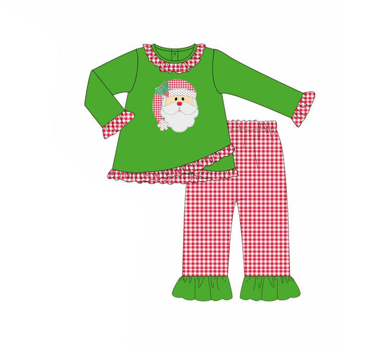 Preorder GLP2489 Santa Claus Red Plaid Ruffle Green Long Sleeve Pants Sets Girls Boutique Outfit 202506