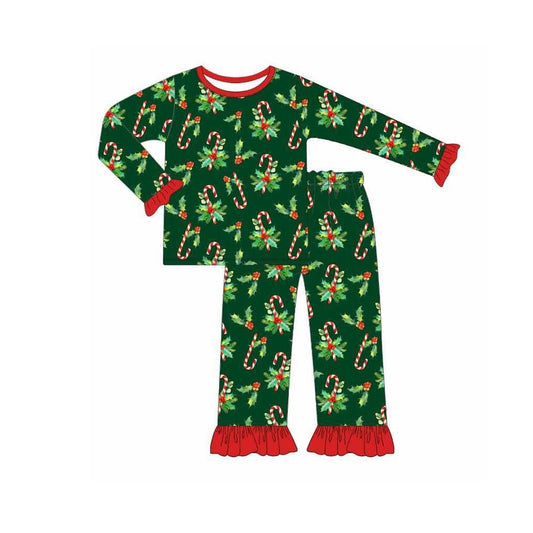 Preorder GLP2492 Christmas Leaf Cane Red Ruffle Green Long Sleeve Pants Sets Girls Boutique Outfit 202506
