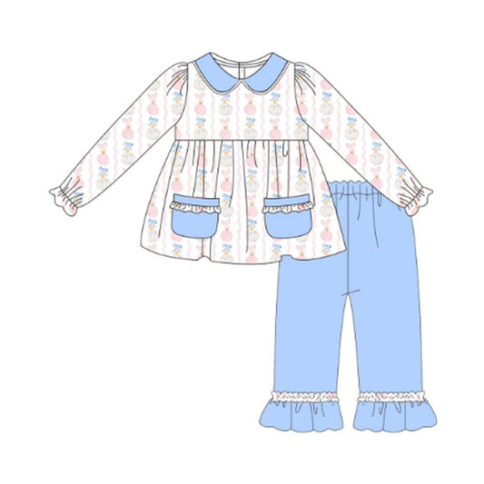 Preorder GLP2496 Pumpkin Bows White Blue Ruffle Pocket Doll Collar Long Sleeve Pants Sets Girls Boutique Outfit 202506
