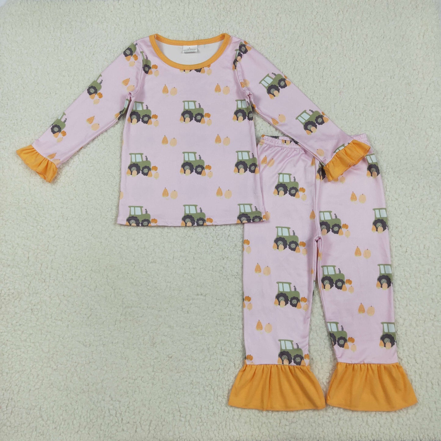 GLP2506 Trucks Pumpkin Orange Pink Ruffle Long Sleeve Pants Pajamas Sets Girls Boutique Outfit 202507 RTS