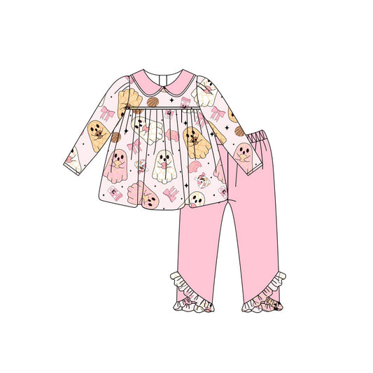 Preorder GLP2507 Halloween Ghost Pink Doll Collar Long Sleeve Pants Sets Girls Boutique Outfit  202506