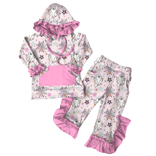 Preorder GLP2508 Halloween Ghost Pink Ruffle Hooded Long Sleeve Pants Sets Girls Boutique Outfit  202506