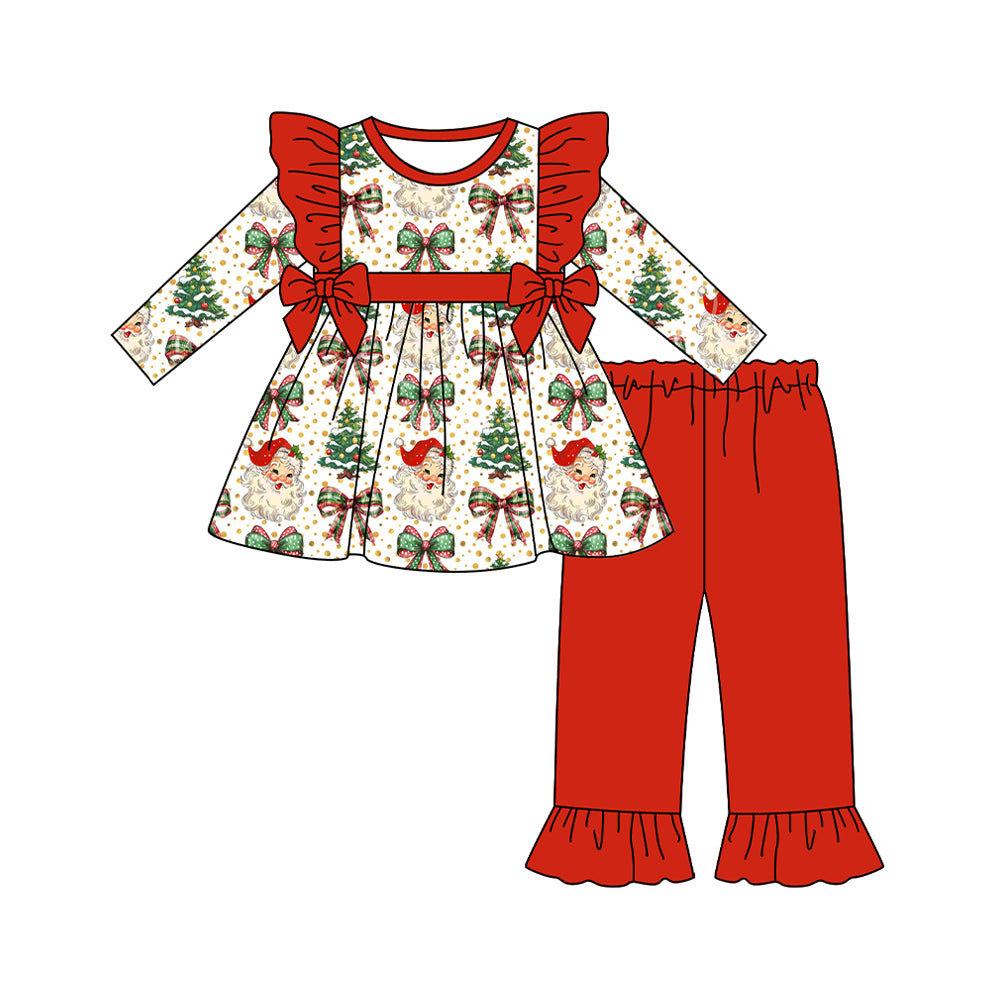 Preorder GLP2513 Christmas Red Ruffle Bows Long Sleeve Pants Sets Girls Boutique Outfit 202506