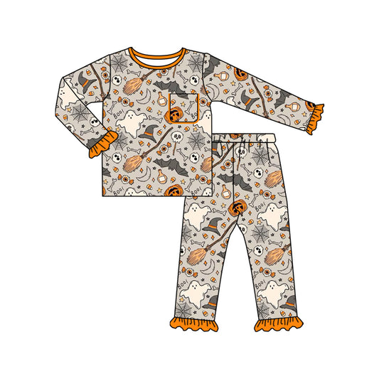 Preorder GLP2514 Halloween Pumpkin Ghost Orange Ruffle Long Sleeve Pants Sets Girls Boutique Outfit  202506