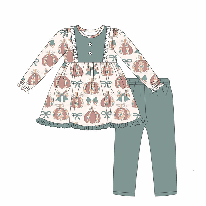 Preorder GLP2517 Pumpkin Gray Green Long Sleeve Pants Sets Girls Boutique Outfit 202506