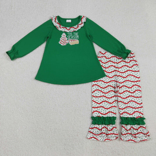 GLP2518 Embroidered Christmas Santa Tree Green Long Sleeve Pants Girls Sets 202509 RTS
