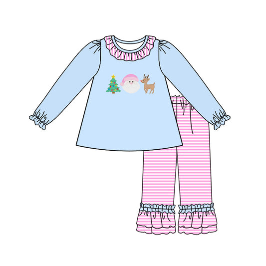 Preorder GLP2519 Santa Claus Tree Blue Pink Ruffle Long Sleeve Pants Sets Girls Boutique Outfit 202506