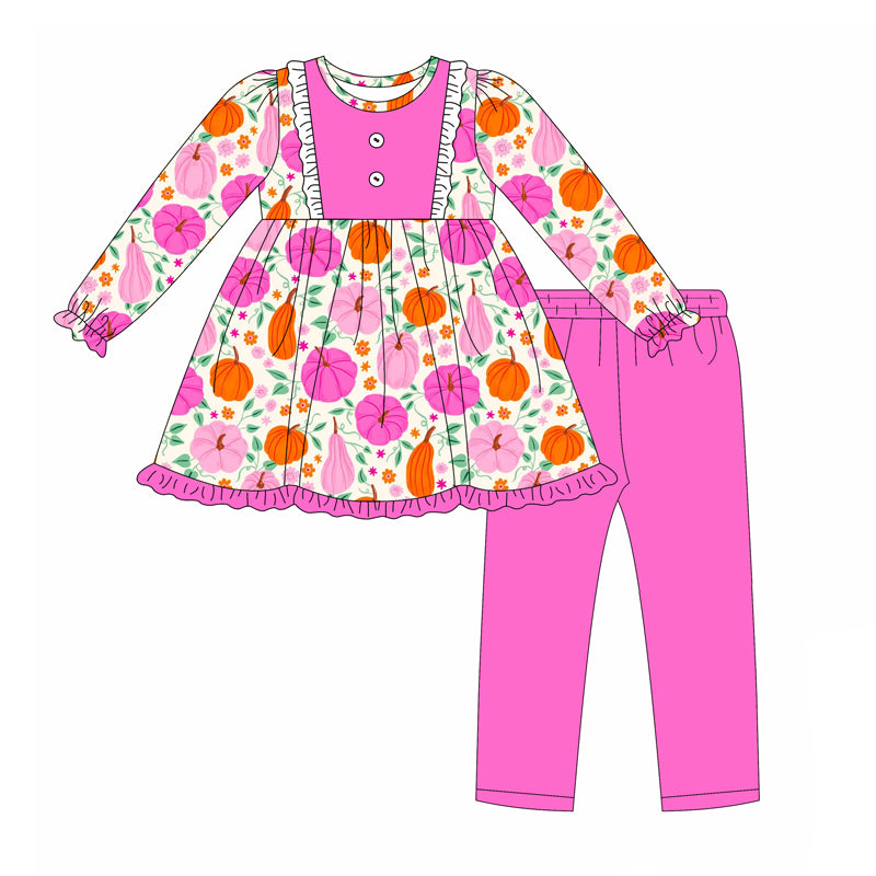preorder GLP2522 Girls Boutique Pumpkin Flower Rose Red Tunic Ruffle Long Sleeve Pants Set 202506