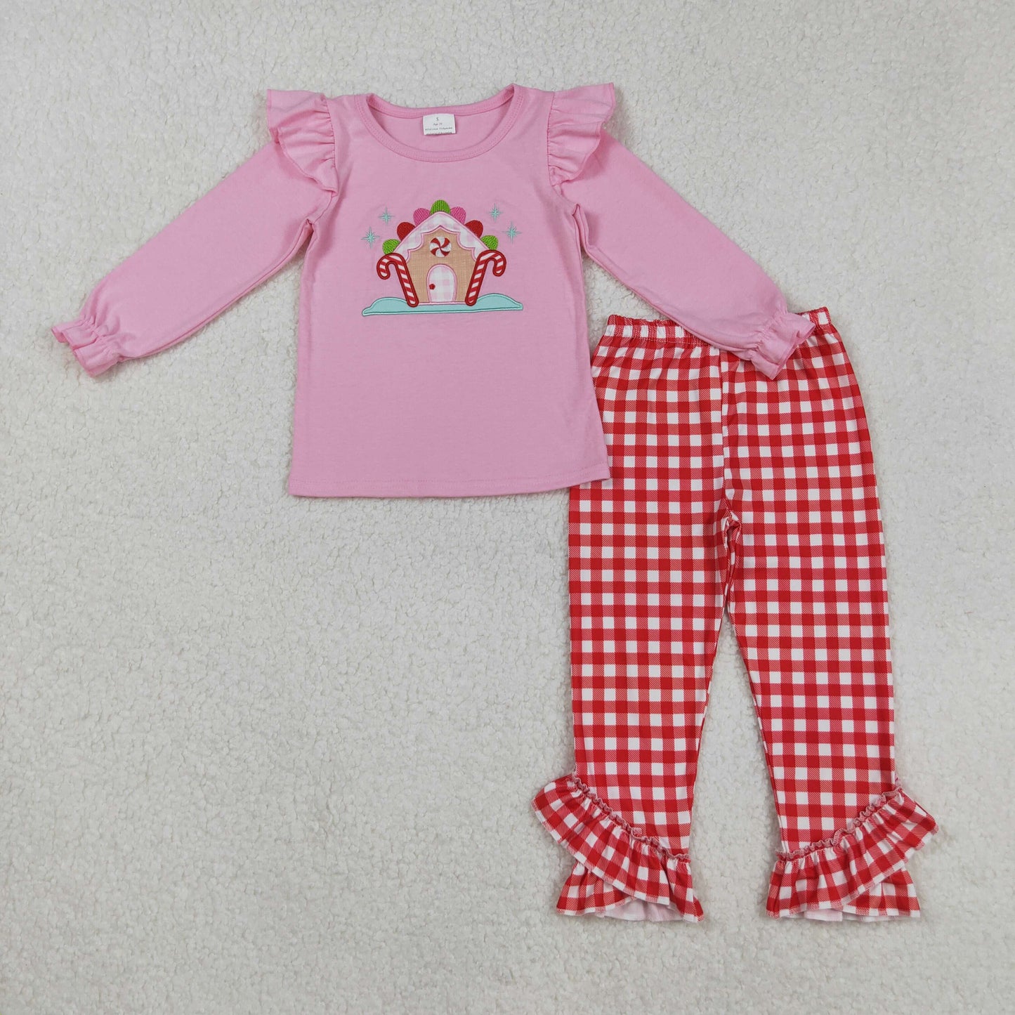 GLP2523 Girls Boutique Embroidered Christmas Pink Ruffle Long Sleeve Red Plaid Pants Set 202508 RTS