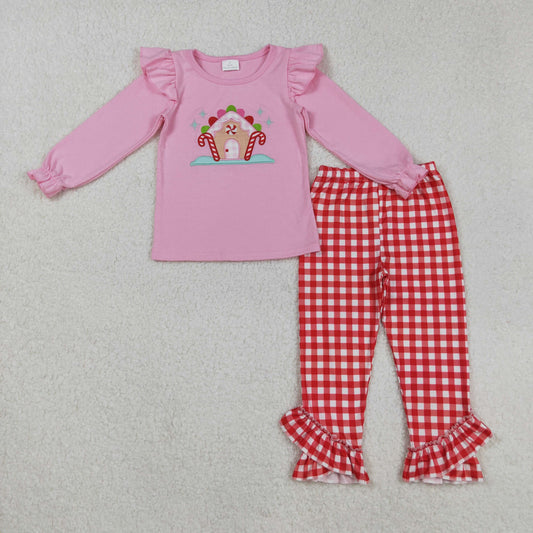 GLP2523 Girls Boutique Embroidered Christmas Pink Ruffle Long Sleeve Red Plaid Pants Set 202508 RTS