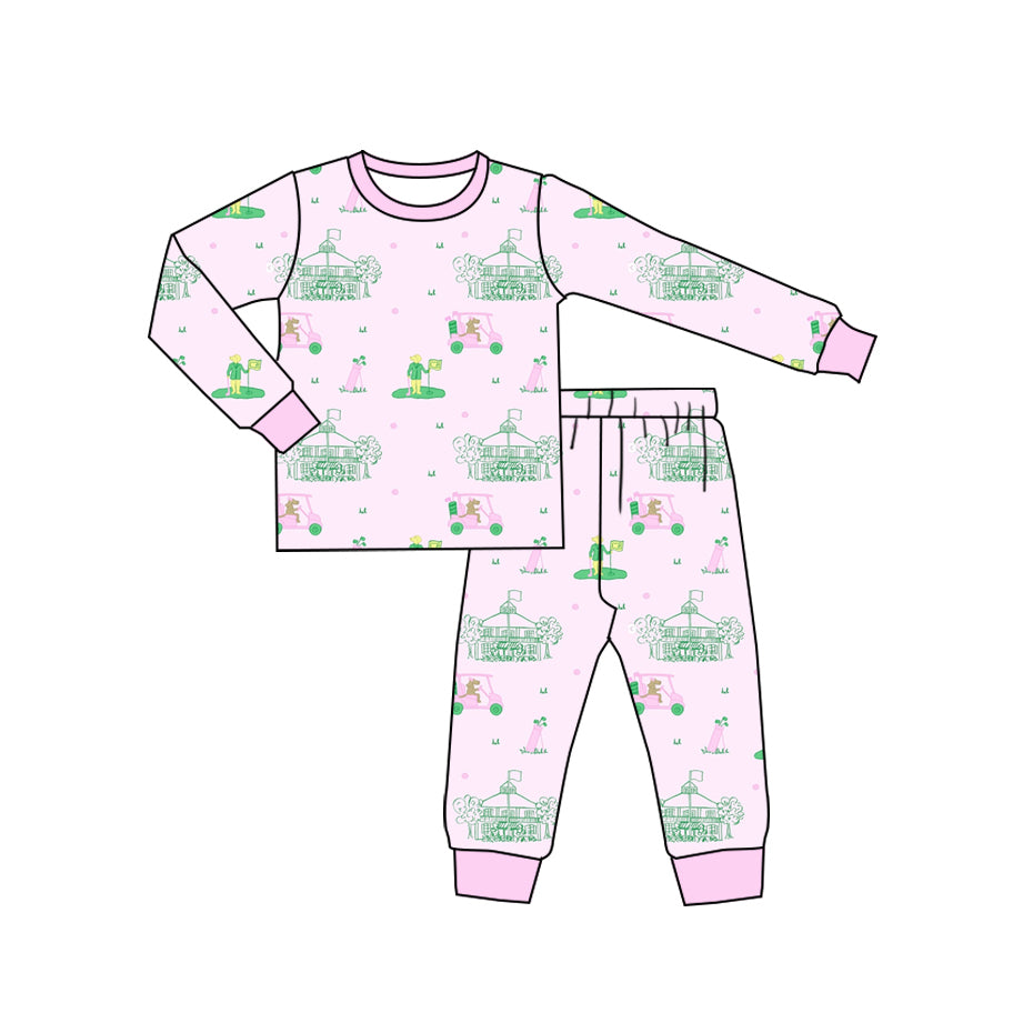 preorder GLP2524 Girls Boutique Golf Sightseeing Cars Pink Long Sleeve Pants Pajamas Set 202506