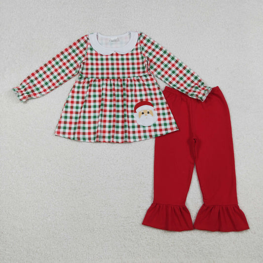 GLP2530 Embroidered Christmas Santa Claus Red Green Plaid Doll Collar Long Sleeve Pants Girls Sets 202510 RTS