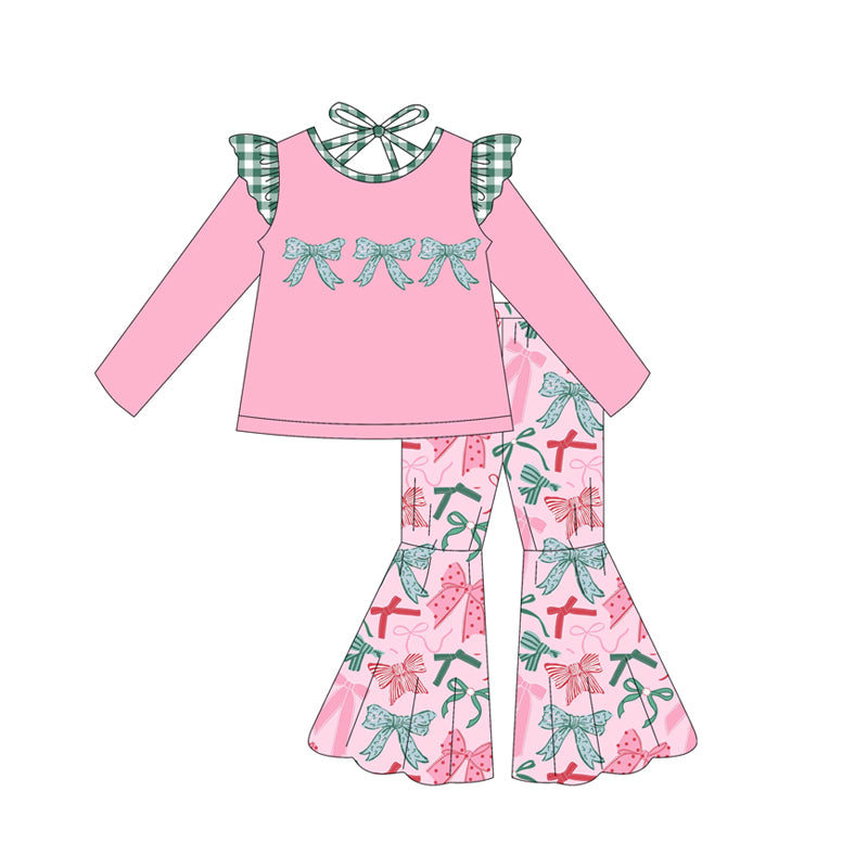 Preorder GLP2531 Christmas Bows Green Plaid Ruffle Pink Long Sleeve Bell Bottom Pants Sets Girls Boutique Outfit 202506