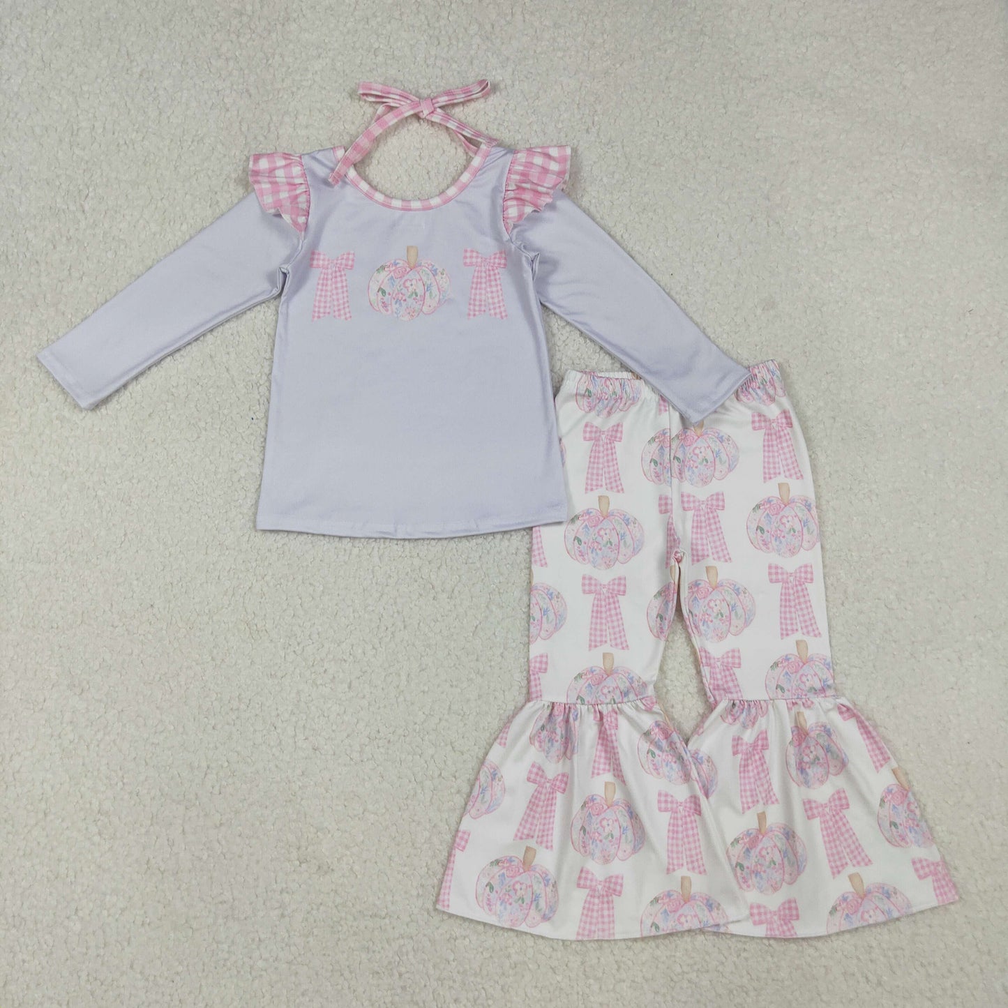 GLP2532-XS-3XL Pumpkin Flower Bows Pink Ruffle Long Sleeve Pants Girls Sets 202510 RTS