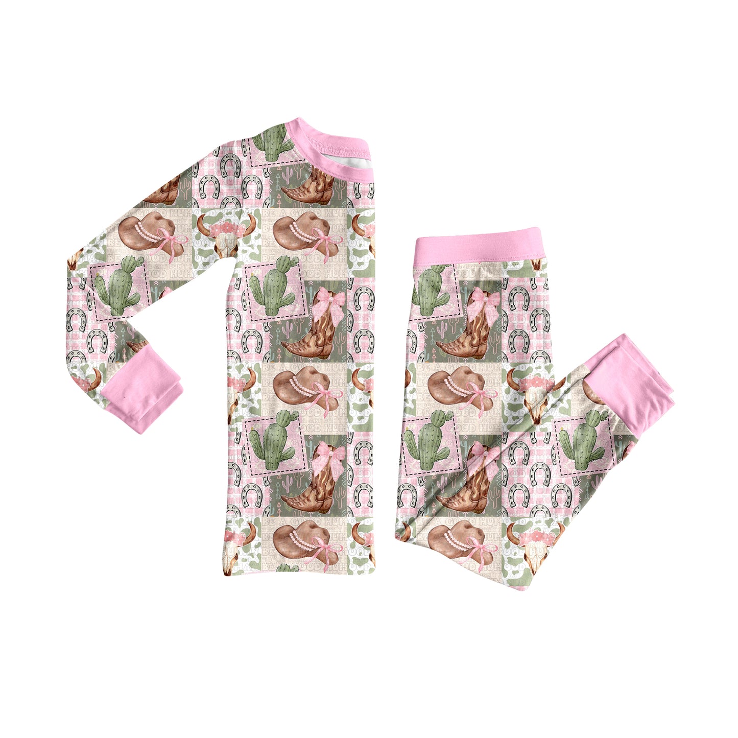 Preorder GLP2534 Cactus Hat Cow Girl Pink Long Sleeve Pants Pajamas Sets Girls Boutique Outfit 202506