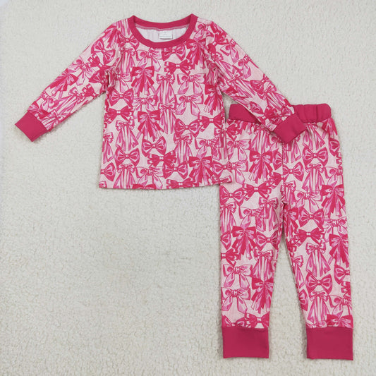GLP2539 Rose Red Bows Long Sleeve Pants Pajamas Girls Sets 202508 RTS