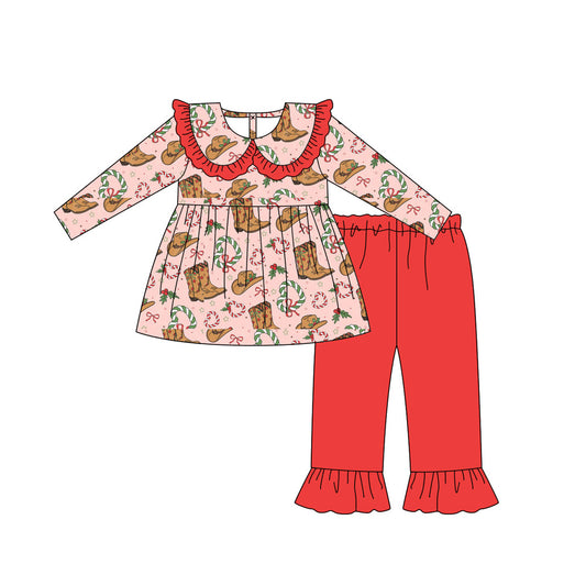Preorder GLP2540 Christmas Cowgirl Red Ruffle Long Sleeve Pants Set Girls Boutique Outfit 202506