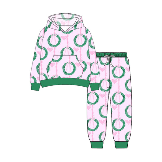 Preorder GLP2545 Christmas Green Pink Hooded Long Sleeve Pants Set Girls Boutique Outfit 202506