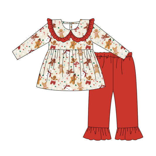Preorder GLP2548 Christmas Gingerbread Man Red Ruffle Long Sleeve Pants Set Girls Boutique Outfit 202506