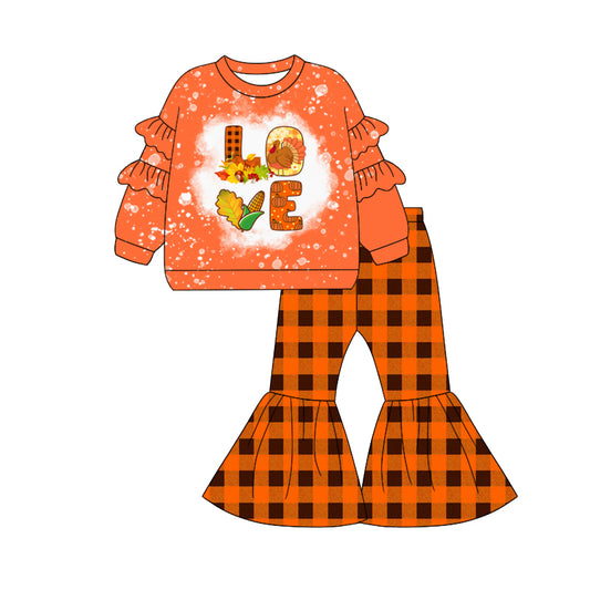 Preorder GLP2550 love Thanksgiving Day Girls Boutique Outfits Turkey Ruffle Orange Ruffle Long Sleeve Pants Set 202507