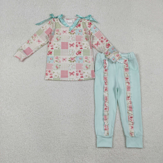 GLP2551 Flower Plaid Bow Long Sleeve Pants Girls Set 202510 RTS