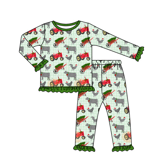 Preorder GLP2561 Christmas Farm Trucks Animals Green Ruffle Long Sleeve Top Pants Girls Pajamas Set 202507