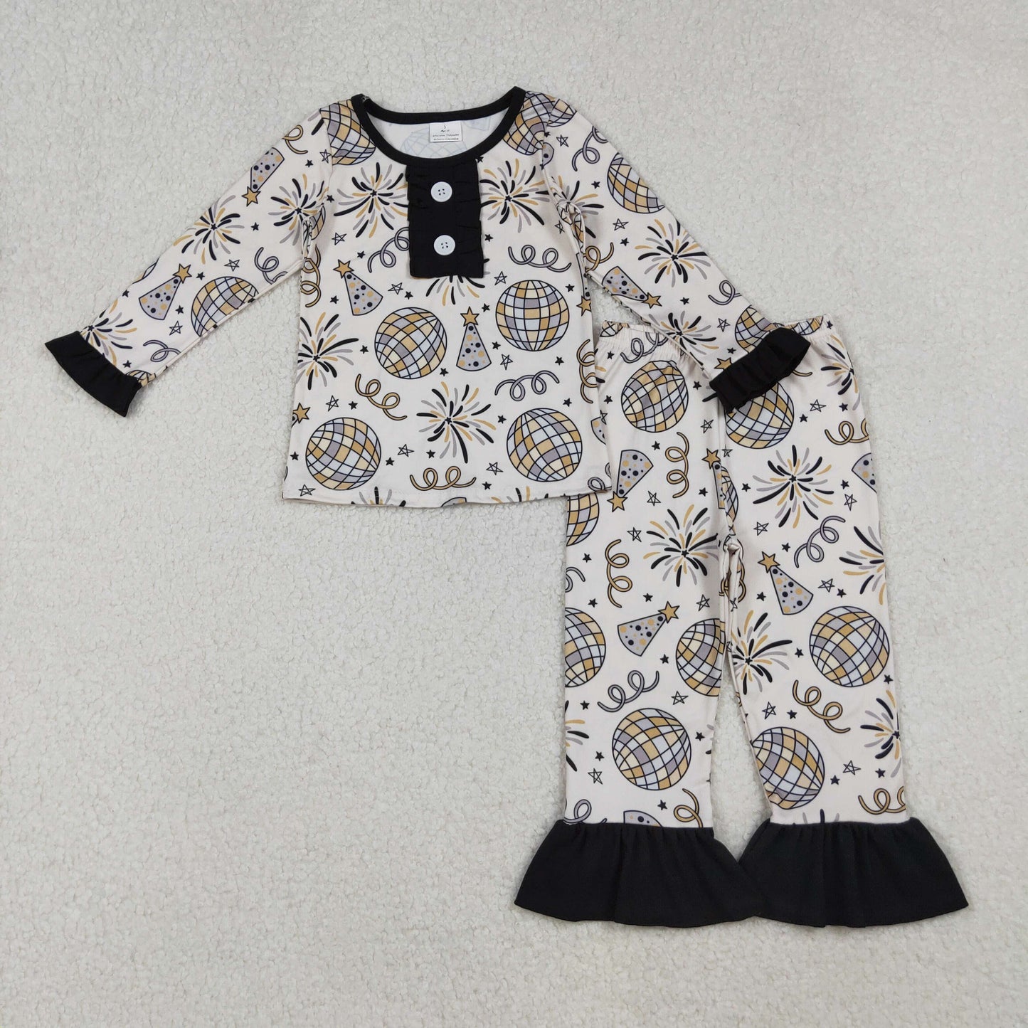 GLP2563-XS-3XL New Year Fireworks Ball Ruffle Long Sleeve Top Pants Girls Pajamas Set 202510 RTS