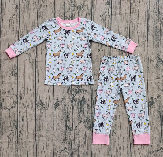 GLP2564 Farm Animals Girls Pink Long Sleeve Top Pants Pajamas Set 202510 RTS