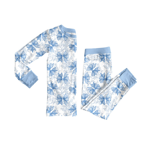 Preorder GLP2565 Bows Girls Blue White Long Sleeve Top Pants Pajamas Set 202507