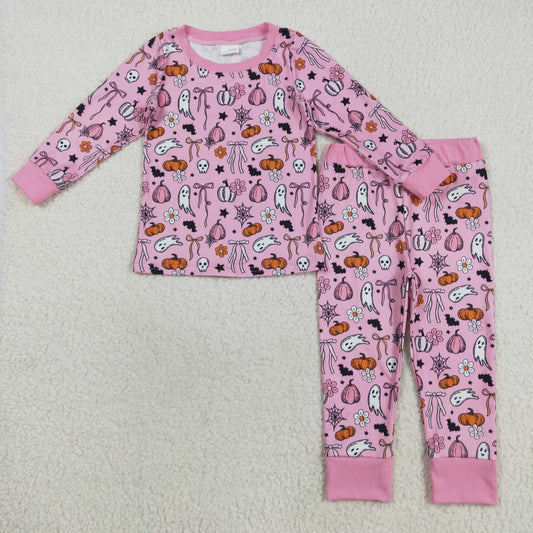 GLP2567 Halloween Ghost Pumpkin Girls Pink Long Sleeve Top Pants Pajamas Set 202508 RTS