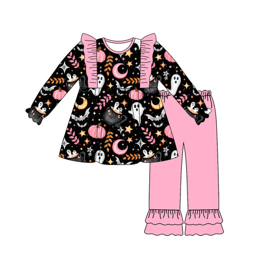 Preorder GLP2568 Halloween Ghost Pumpkin Girls Pink Ruffle Black Long Sleeve Top Pants Set 202507