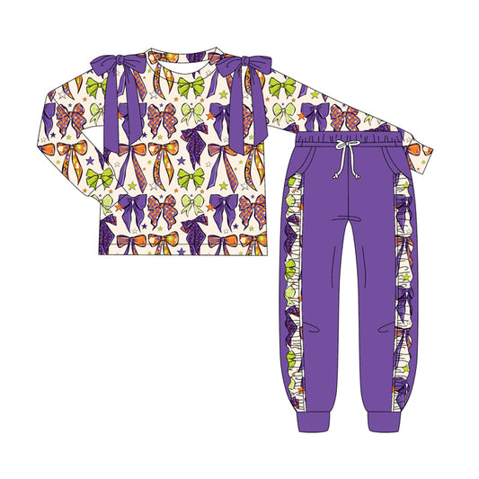Preorder GLP2570 Halloween Girls Purple Ruffle Bows Long Sleeve Top Pants Set 202507