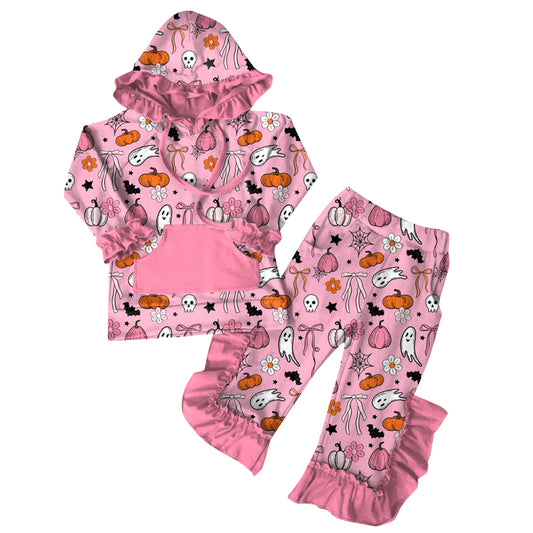 Preorder GLP2571 Halloween Ghost Pumpkin Girls Pink Ruffle Hooded Long Sleeve Top Pants Set 202507