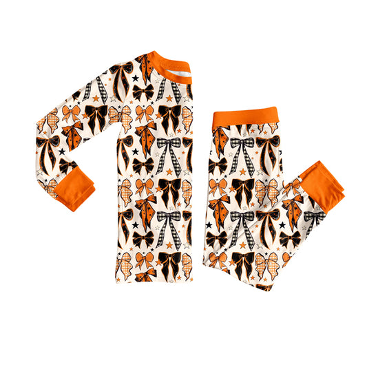 Preorder GLP2574 Bows Pattern Orange Long Sleeve Top Pants Pajamas Girls Set 202507