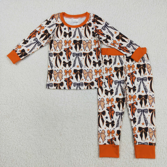 GLP2573 Bows Pattern Orange Long Sleeve Top Pants Girls Set 202508 RTS