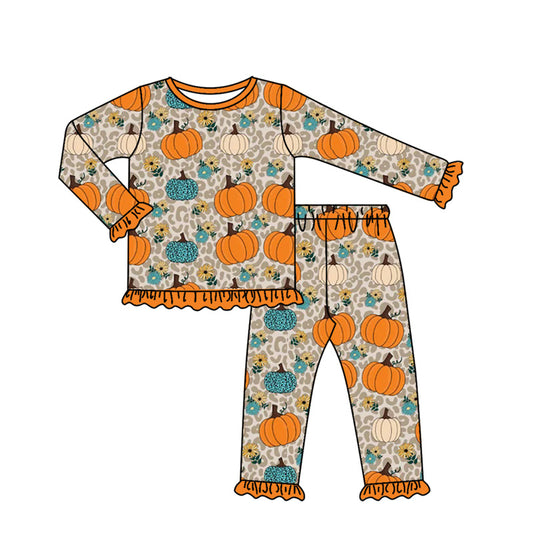 Preorder GLP2576 Sibling Pumpkin Flower Leopard Orange Ruffle Long Sleeve Top Pants Pajamas Girls Set 202507