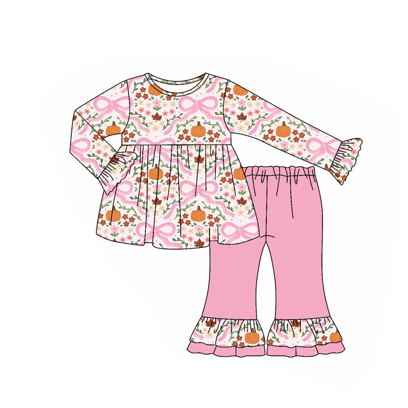 Preorder GLP2577 Pumpkin Bows Flower Pink Ruffle Long Sleeve Top Pants Girls Set 202507
