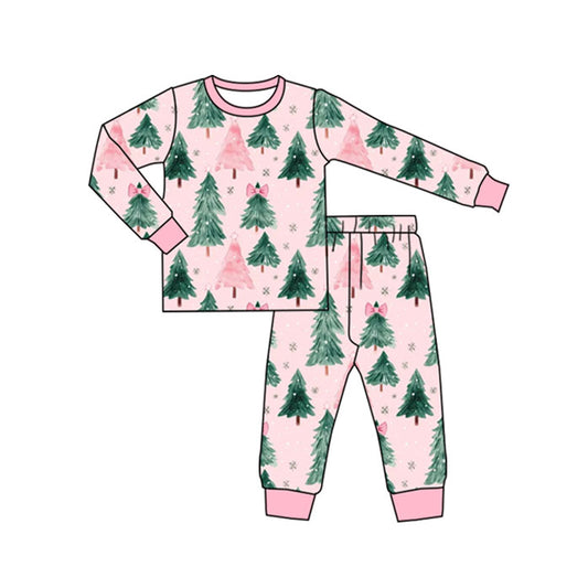 Preorder GLP2578 Christmas Tree Bows Pink Long Sleeve Top Pants Pajamas Girls Set 202507