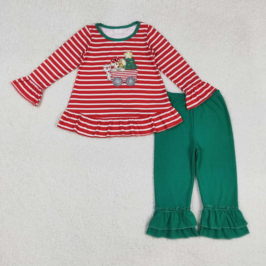 GLP2580 Embroidered Cute Puppy Christmas Tree Stripe Red Ruffle Long Sleeve Top Green Pants Girls Set 202509 RTS