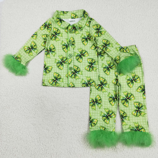 GLP2581 Bows Green Plaid Plush Long Sleeve Top Pants Pajamas Girls Set 202508 RTS