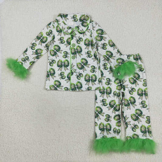 GLP2582 Bows Dots Plush Green White Long Sleeve Top Pants Pajamas Girls Set 202508 RTS