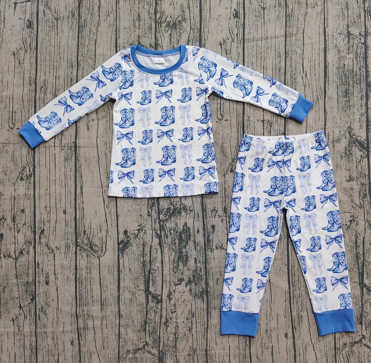 GLP2583 Bows Boots Blue Long Sleeve Pants Pajamas Set Girls 202509 RTS